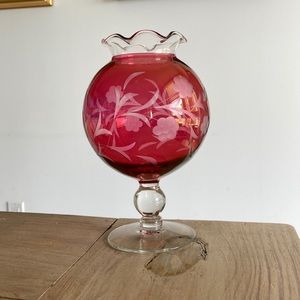 Vintage Cranberry Pink Flashed Globe Vase with Ruffled Opening